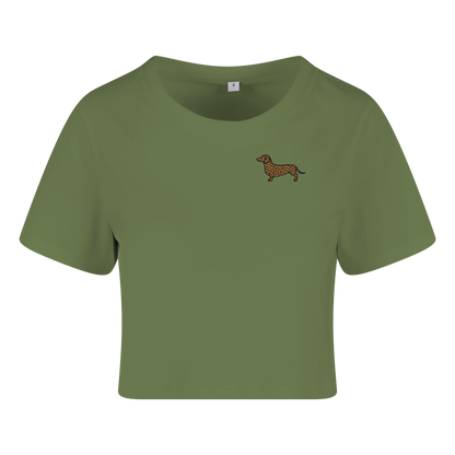 Olivgrünes Crop Top mit Dackel-Motiv im Leopardenmuster, nachhaltig – einzigartigbunt