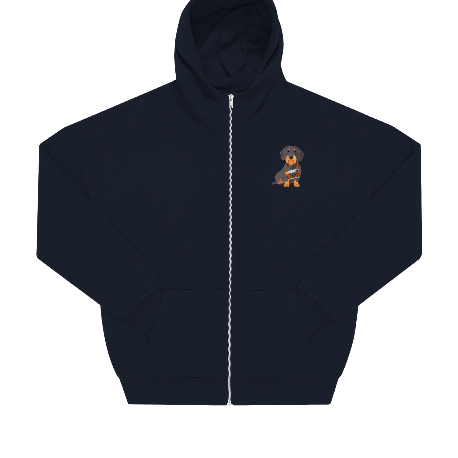 Nachhaltige Zip Hoodie Jacke in Grau mit Dackel-Motiv und Kamera auf der Brust, Oversized-Schnitt.