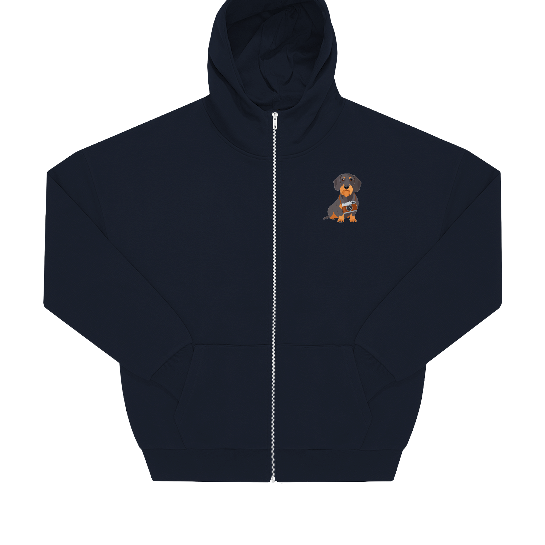 Nachhaltige Zip Hoodie Jacke in Grau mit Dackel-Motiv und Kamera auf der Brust, Oversized-Schnitt.