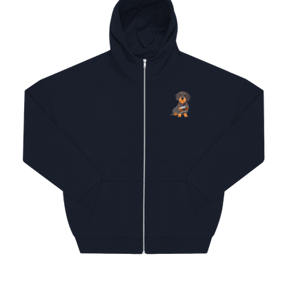 Nachhaltige Zip Hoodie Jacke in Grau mit Dackel-Motiv und Kamera auf der Brust, Oversized-Schnitt.