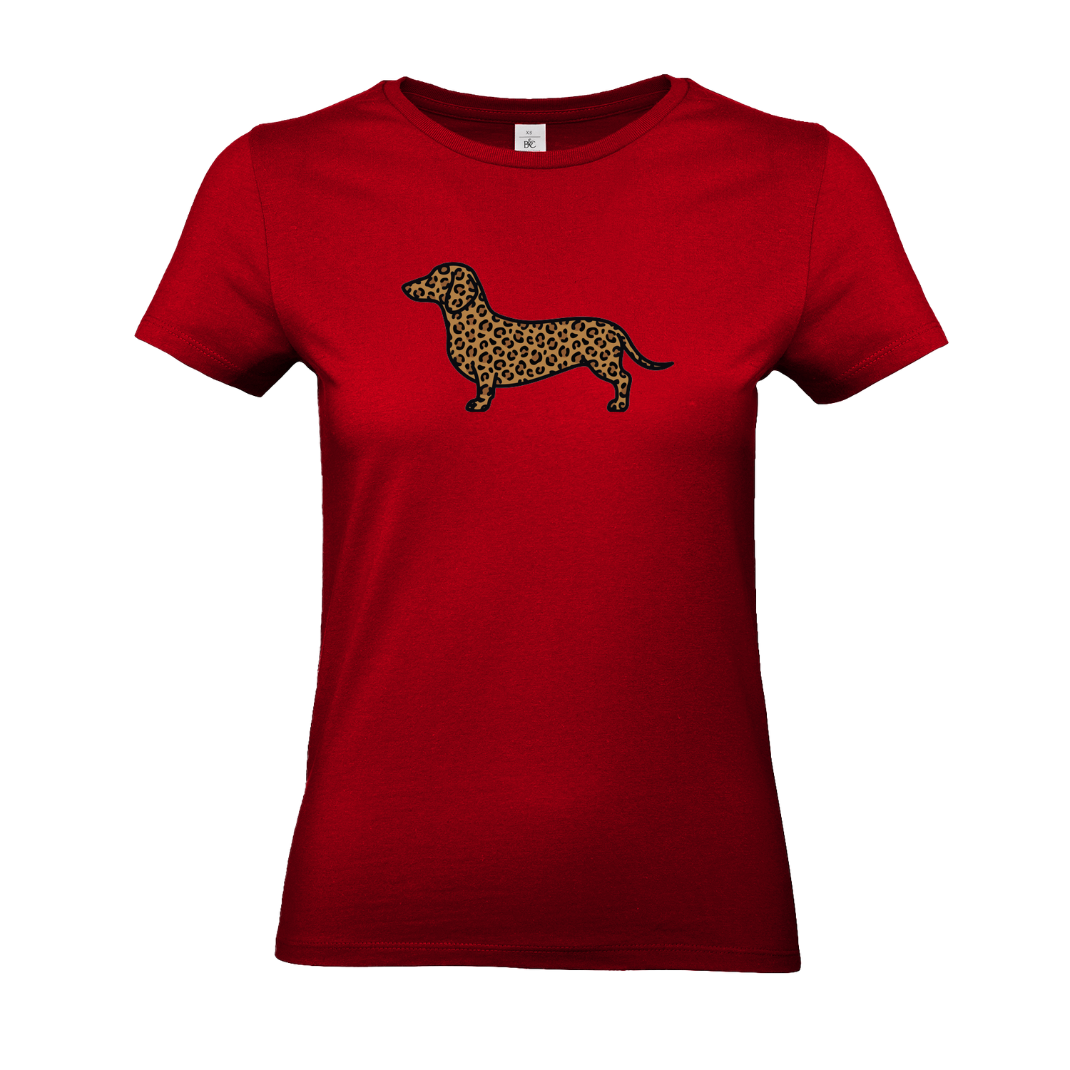 Damen T-Shirt mit Dackel-Motiv im modernen Leoparden-Muster auf der Brust.