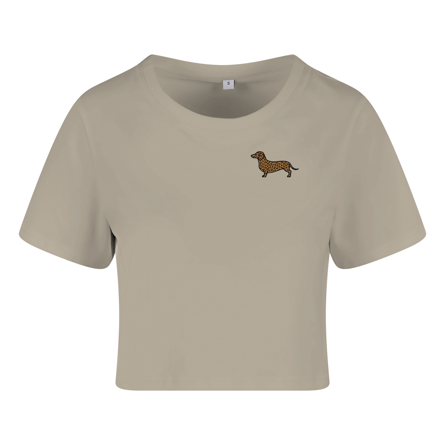 Beige Crop Top mit Dackel-Motiv im Leopardenmuster, nachhaltig – einzigartigbunt