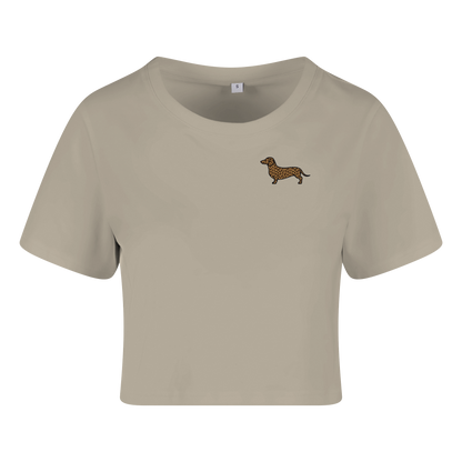 Beige Crop Top mit Dackel-Motiv im Leopardenmuster, nachhaltig – einzigartigbunt