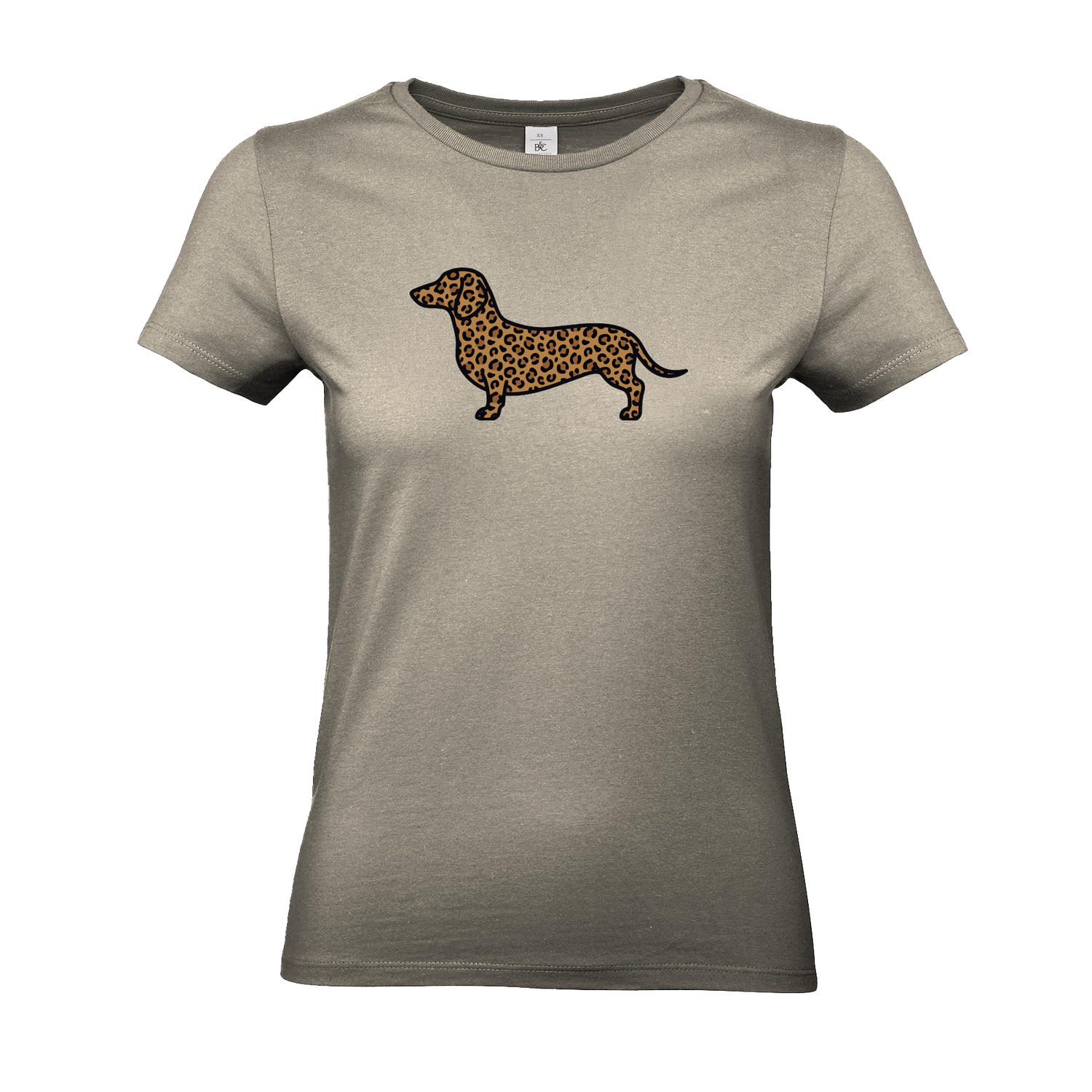 Sandfarbenes Damen T-Shirt mit Dackel-Motiv im modernen Leoparden-Muster auf der Brust.