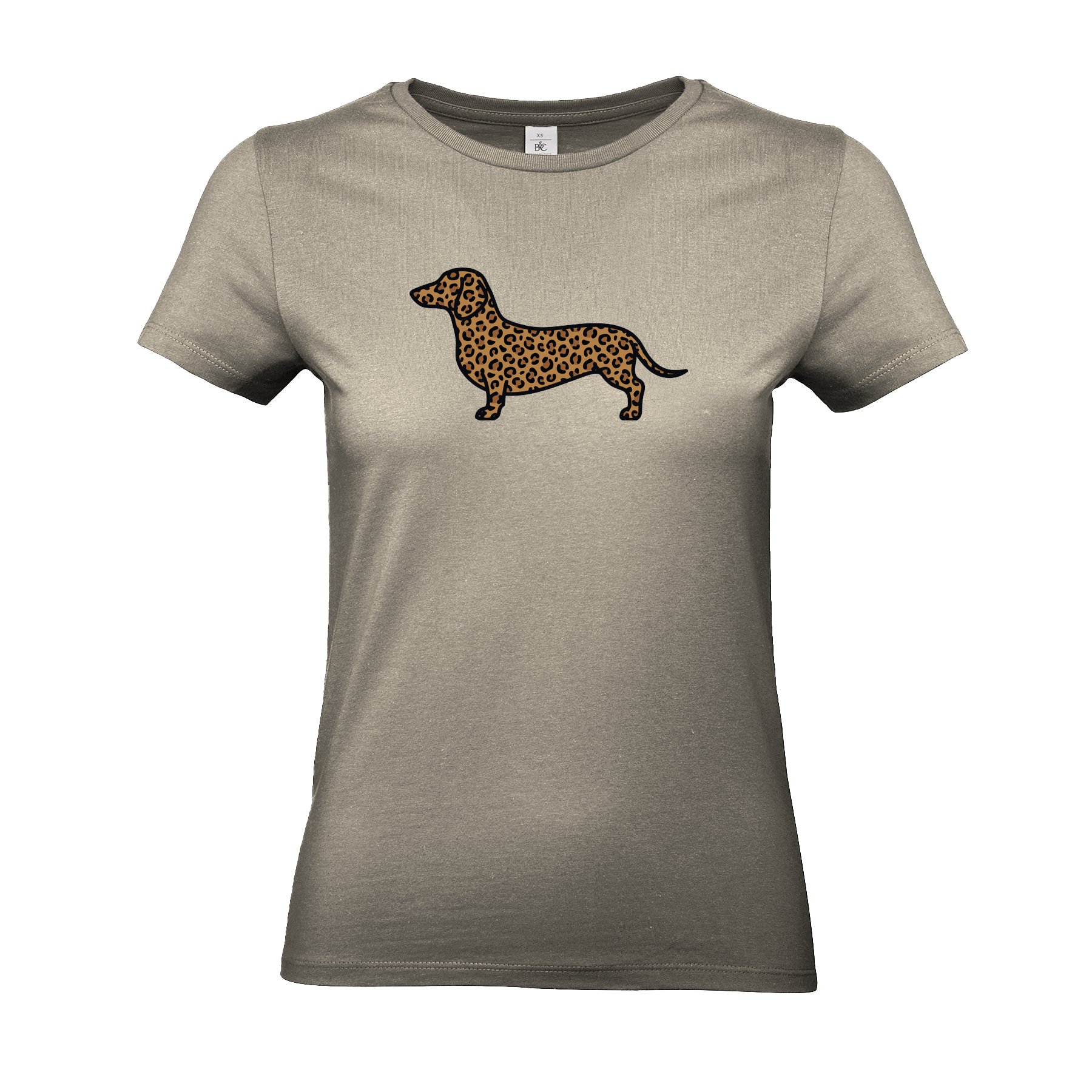 Sandfarbenes Damen T-Shirt mit Dackel-Motiv im modernen Leoparden-Muster auf der Brust.