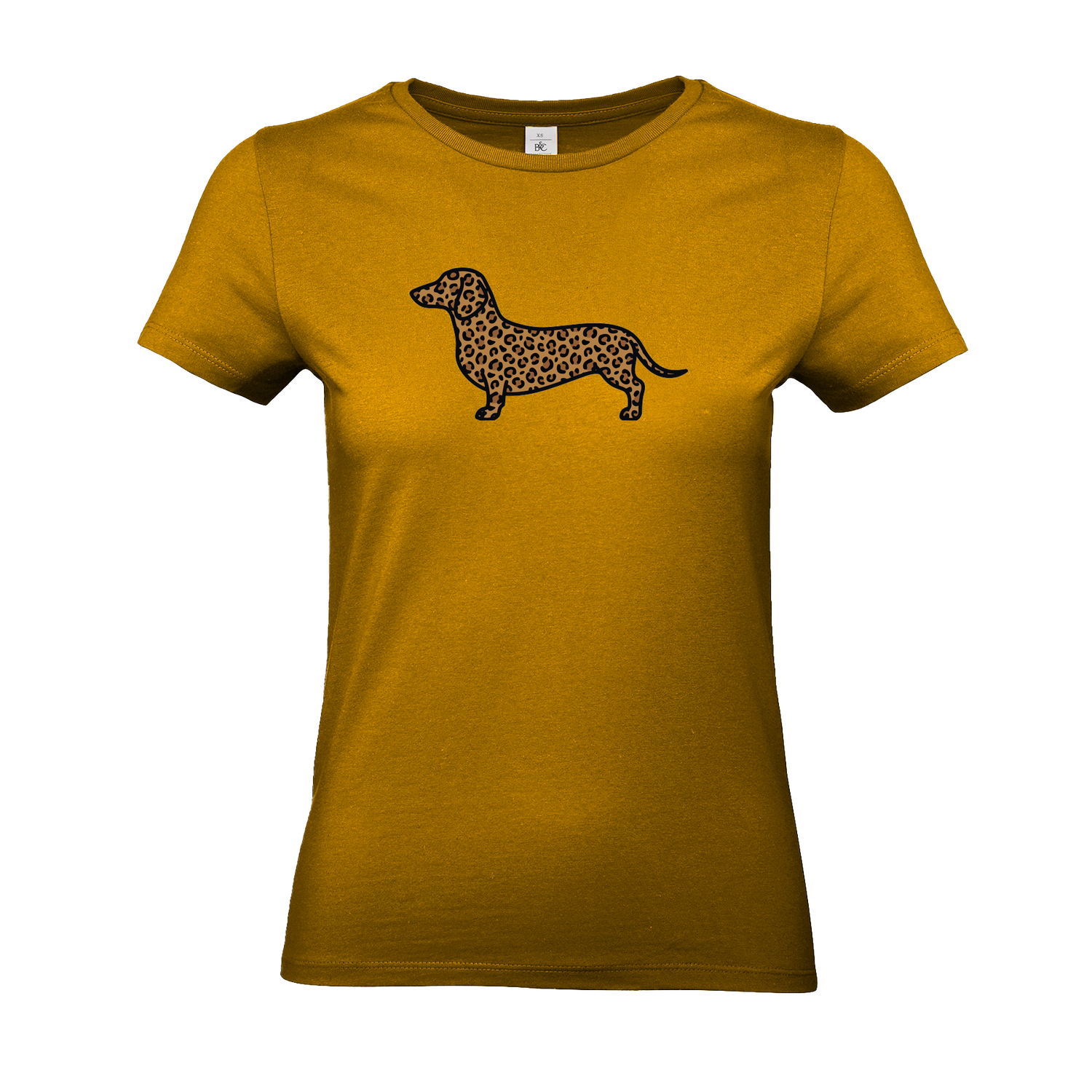 Damen T-Shirt mit Dackel-Motiv im modernen Leoparden-Muster auf der Brust.
