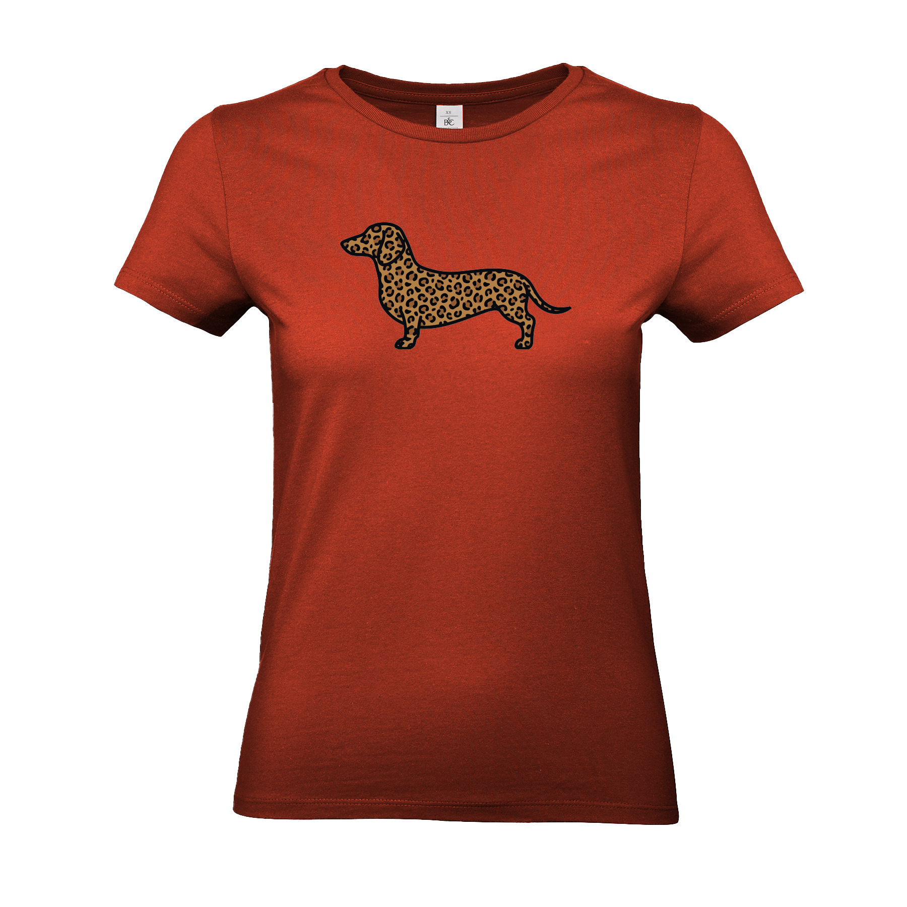 Damen T-Shirt mit Dackel-Motiv im modernen Leoparden-Muster.