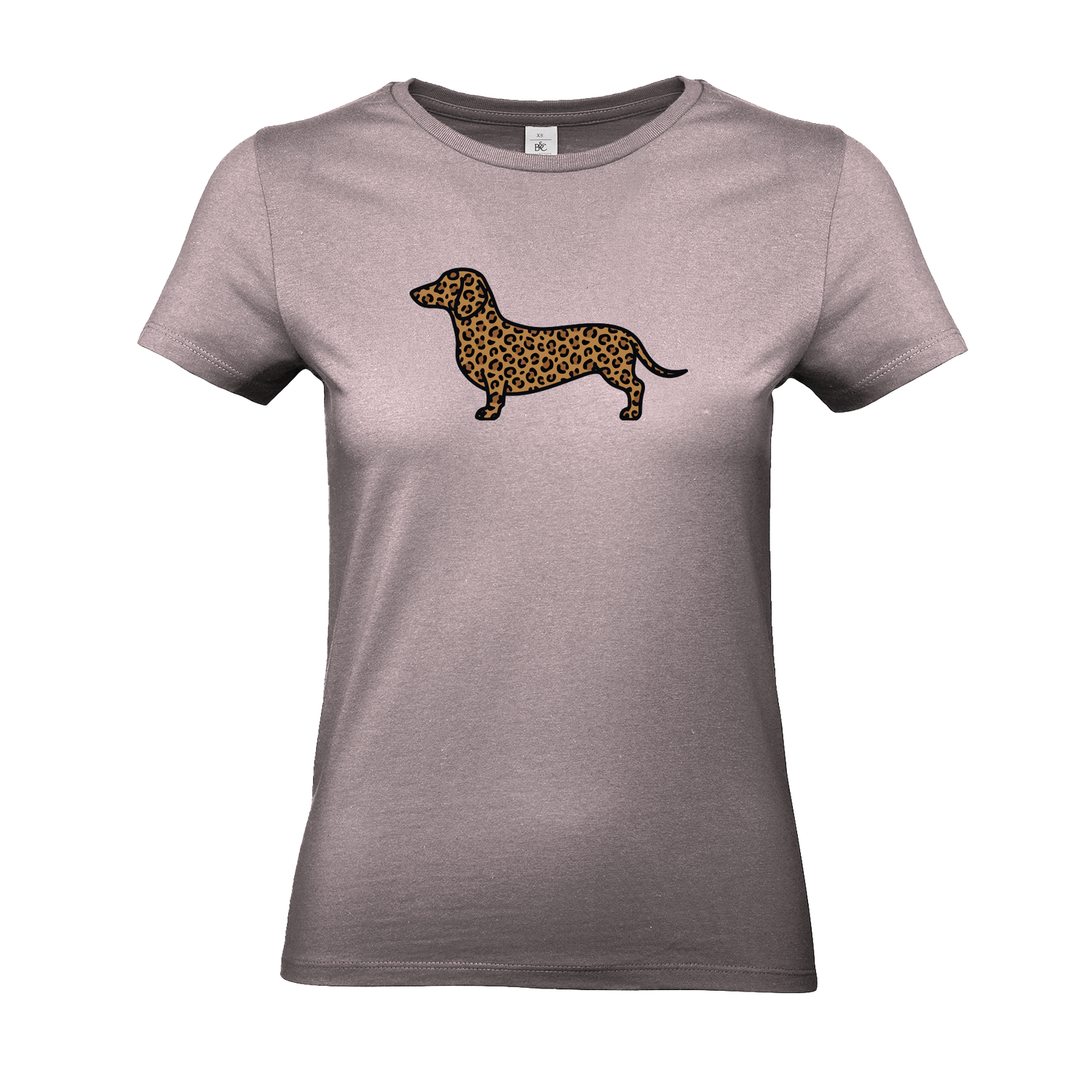 Rosa Damen T-Shirt mit Dackel-Motiv im modernen Leoparden-Muster.