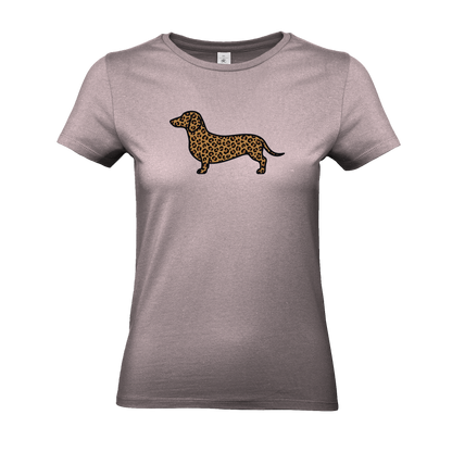 Rosa Damen T-Shirt mit Dackel-Motiv im modernen Leoparden-Muster.