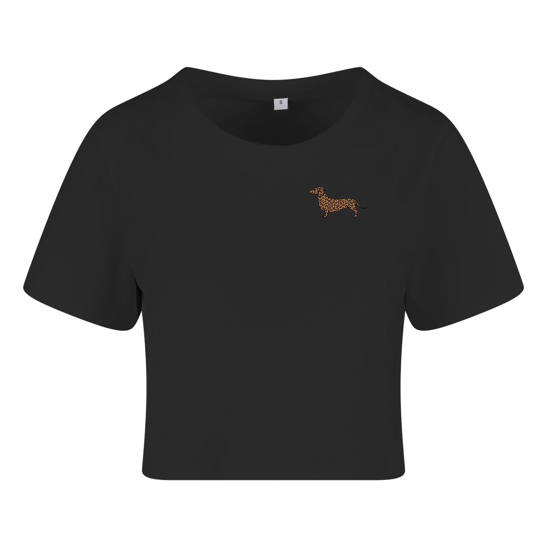 Damen Cropped T-Shirt mit kleinem Dackel-Aufdruck im Leoparden-Muster auf der Brust, moderner lockerer Schnitt.