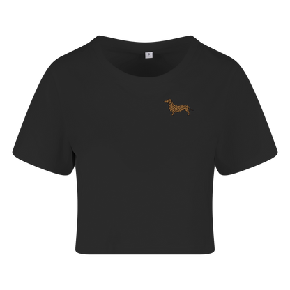 Schwarzes T-Shirt mit Dackel-Motiv im Leopardenmuster, nachhaltig – einzigartigbunt