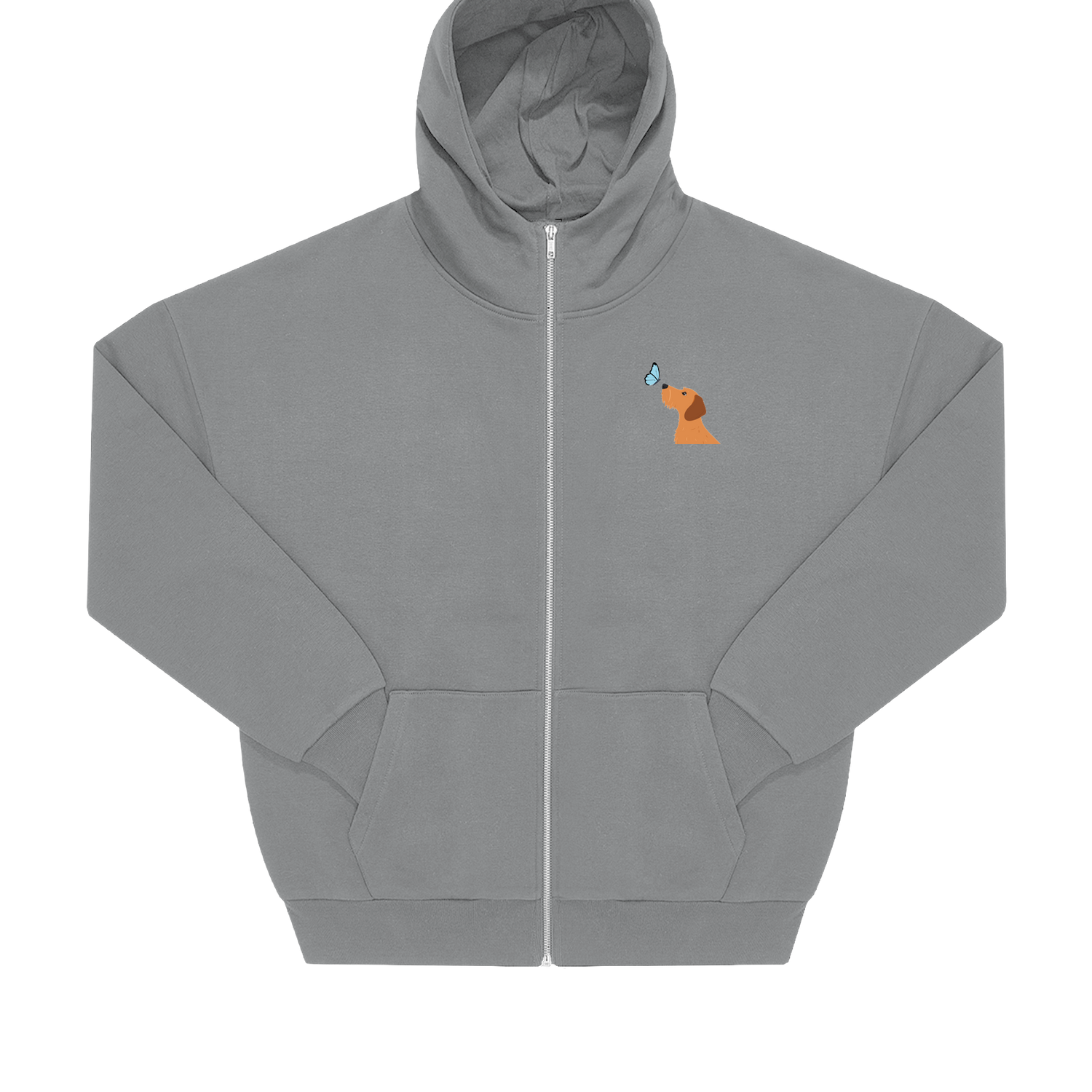 Grauer Hoodie mit Dackel-Motiv und Schmetterling, nachhaltig – einzigartigbunt