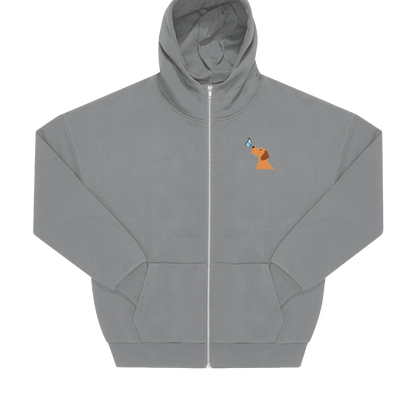 Grauer Hoodie mit Dackel-Motiv und Schmetterling, nachhaltig – einzigartigbunt