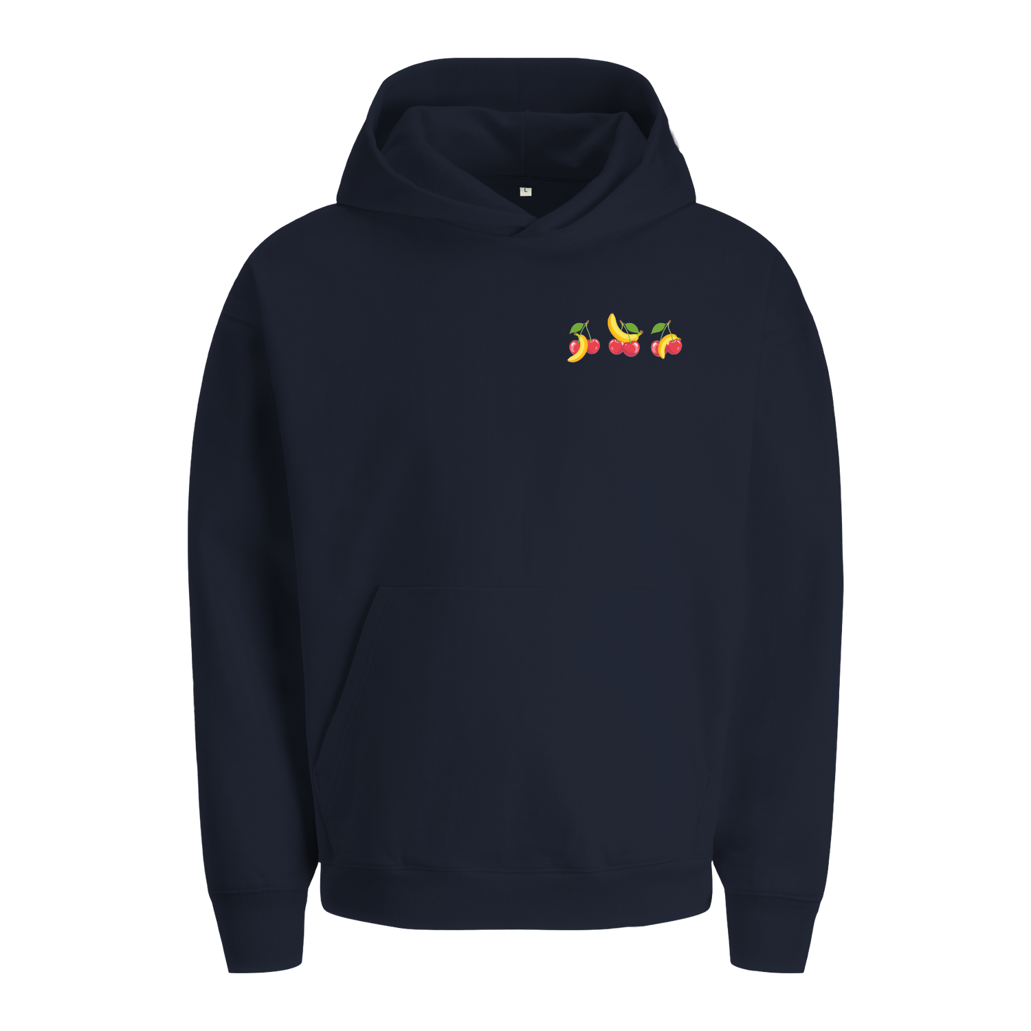 Extra schwerer Unisex Hoodie Blau in Bio-Qualität mit kleinem Kirschen und Bananen Print auf der linken Brust. 