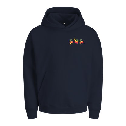 Extra schwerer Unisex Hoodie Blau in Bio-Qualität mit kleinem Kirschen und Bananen Print auf der linken Brust. 