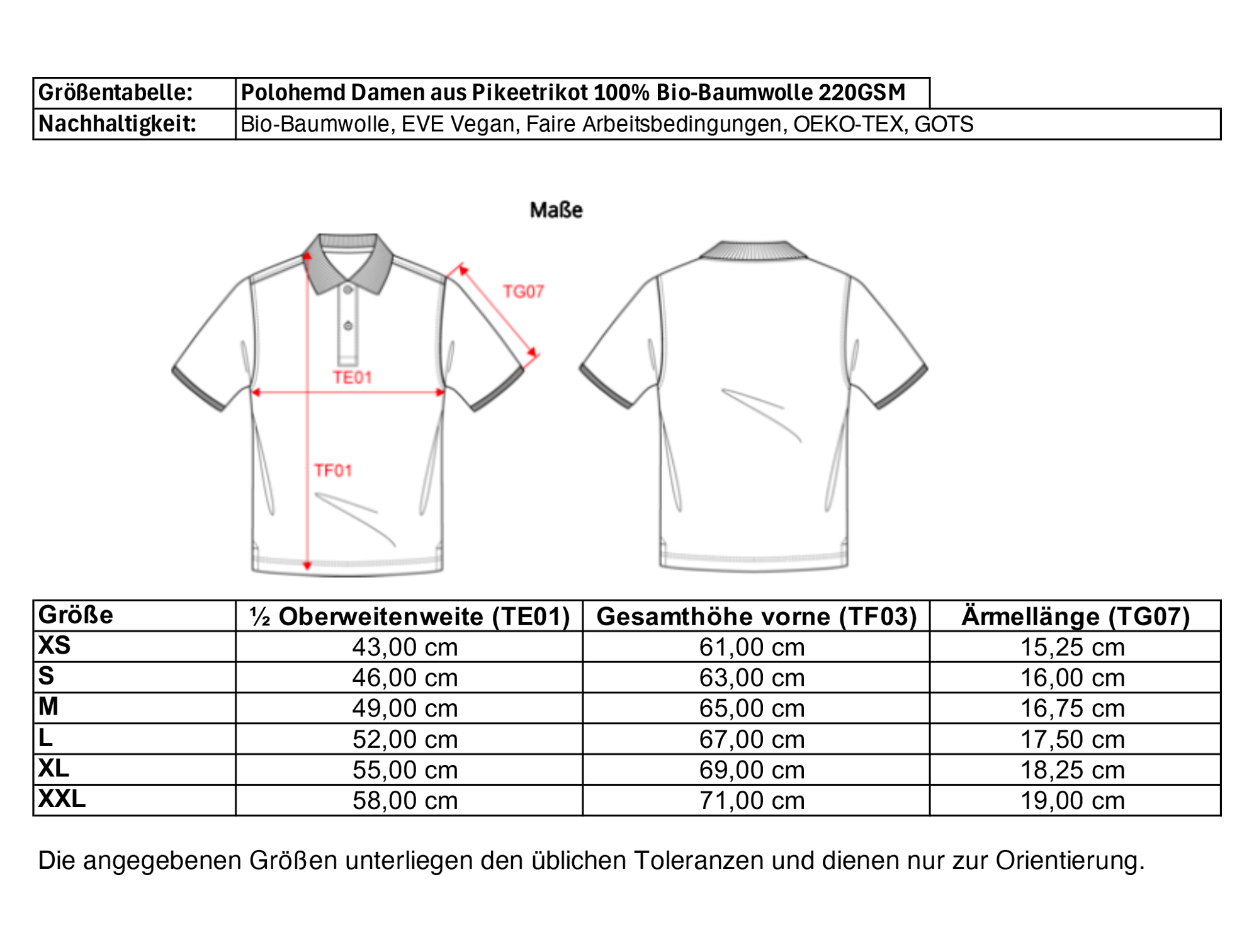 Größentabelle Damen Polo aus 100% Bio-Baumwolle, nachhaltig &amp; fair produziert – einzigartigbunt