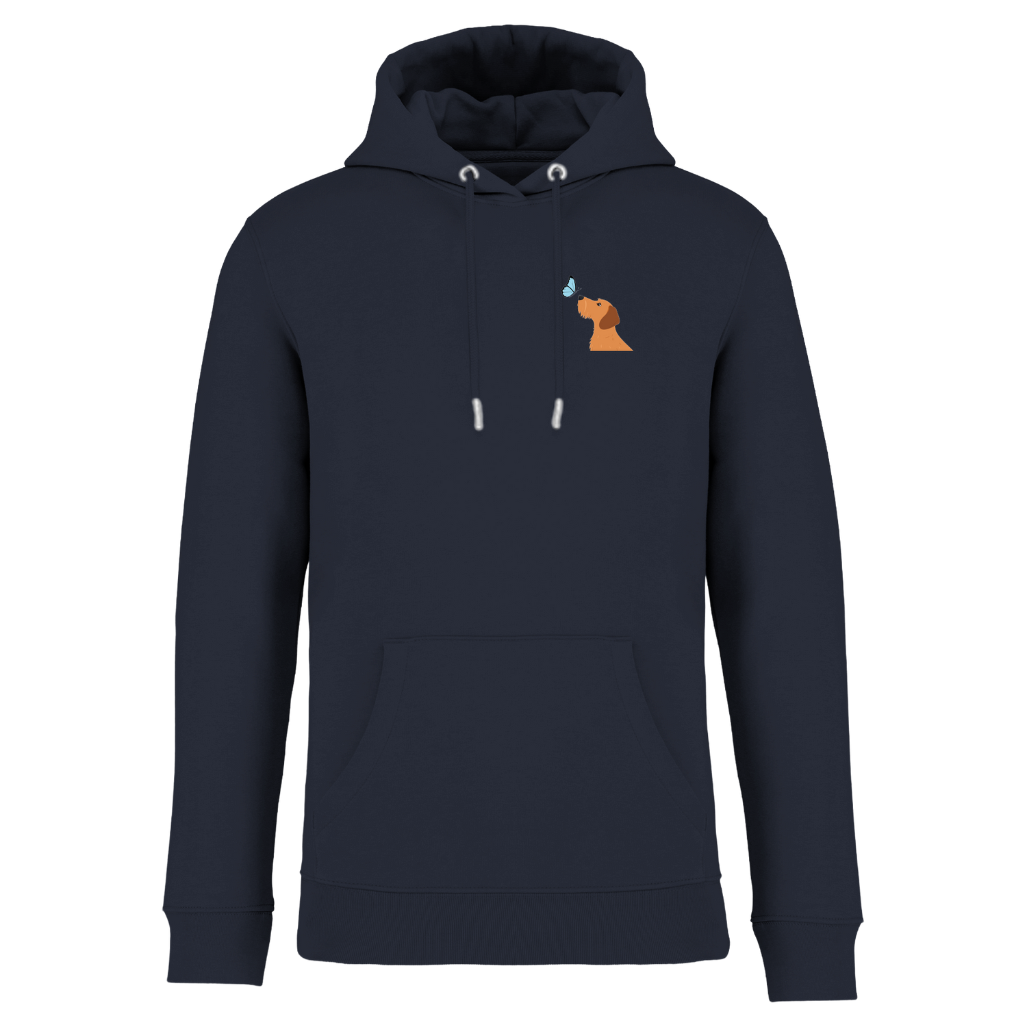 Dackel mit Schmetterling, nachhaltig &amp; fairer Hoodie – einzigartigbunt