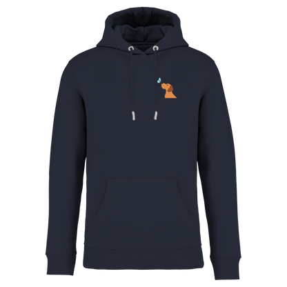 Dackel mit Schmetterling, nachhaltig &amp; fairer Hoodie – einzigartigbunt