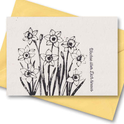 Schwarz-weiße Narzissen-Illustration auf Papeterie mit Spruch &
