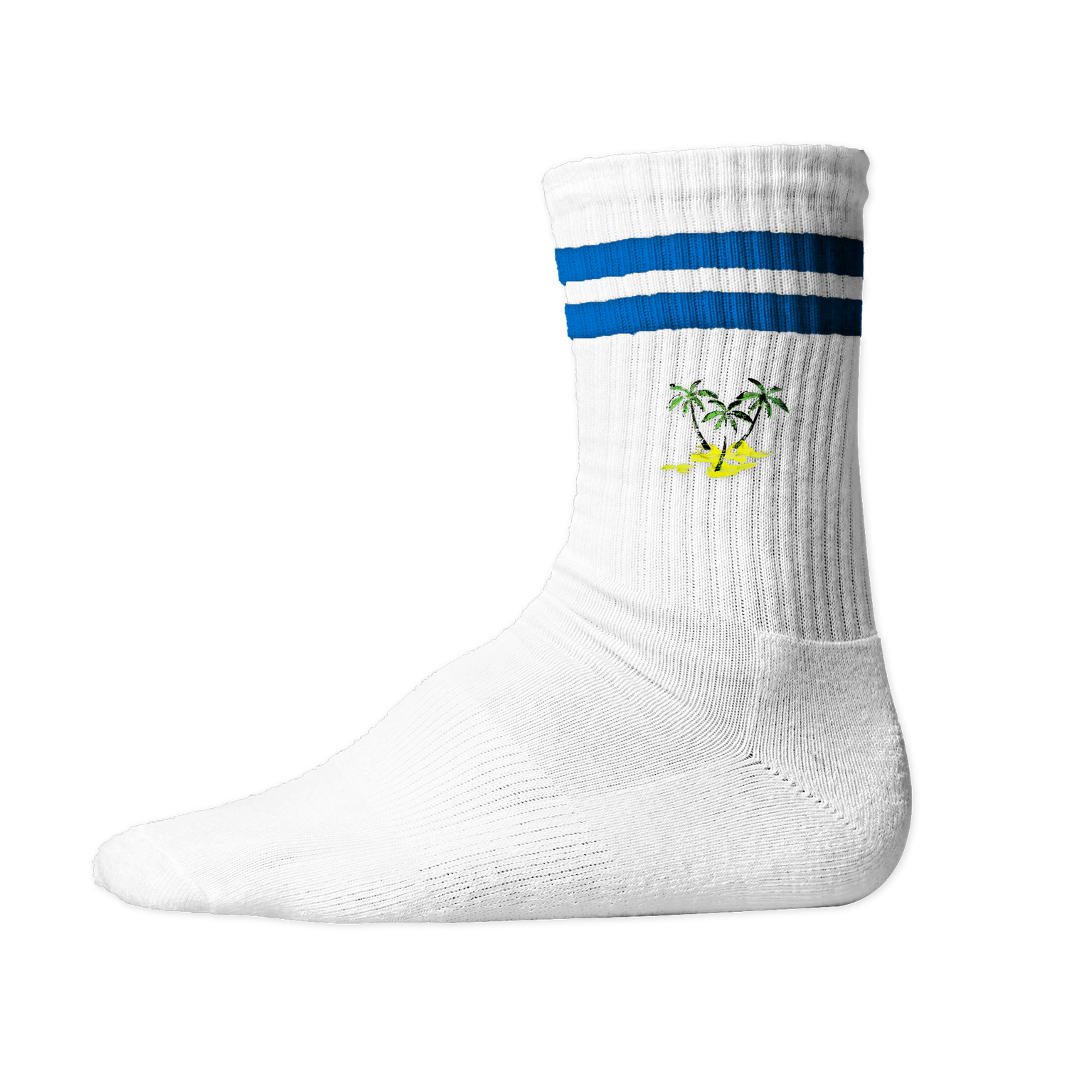 Weiße, gerippte Tennis Socke mit einem sommerlichen Palmen- und Strand-Druckmotiv auf der Schaftseite. 
