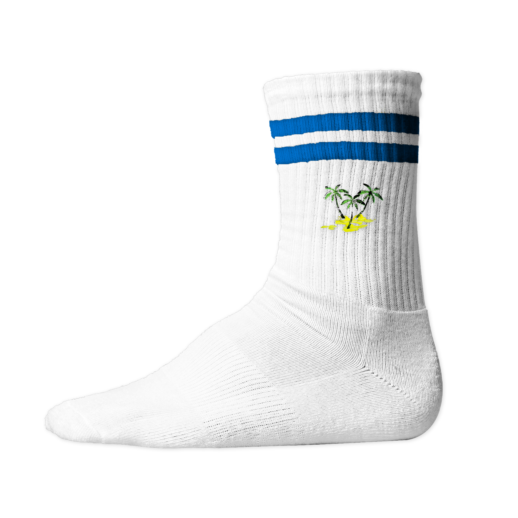 Weiße, gerippte Tennis Socke mit einem sommerlichen Palmen- und Strand-Druckmotiv auf der Schaftseite. 
