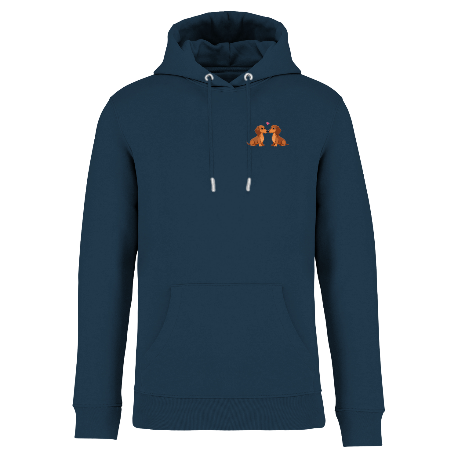 Marineblauer Hoodie mit niedlichen Dackel-Motiv und Herz, nachhaltig – einzigartigbunt