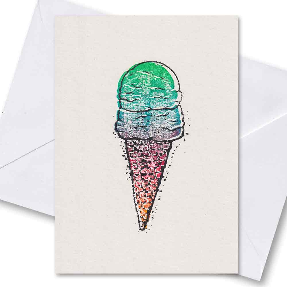 Handgedruckte Postkarte I Eistüte in bunten Farben