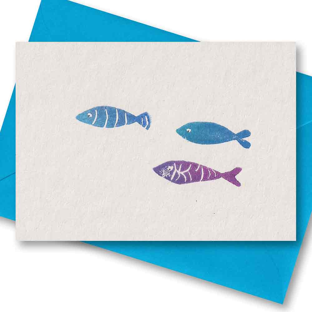 Handgedruckte Postkarte I Bunte Fische