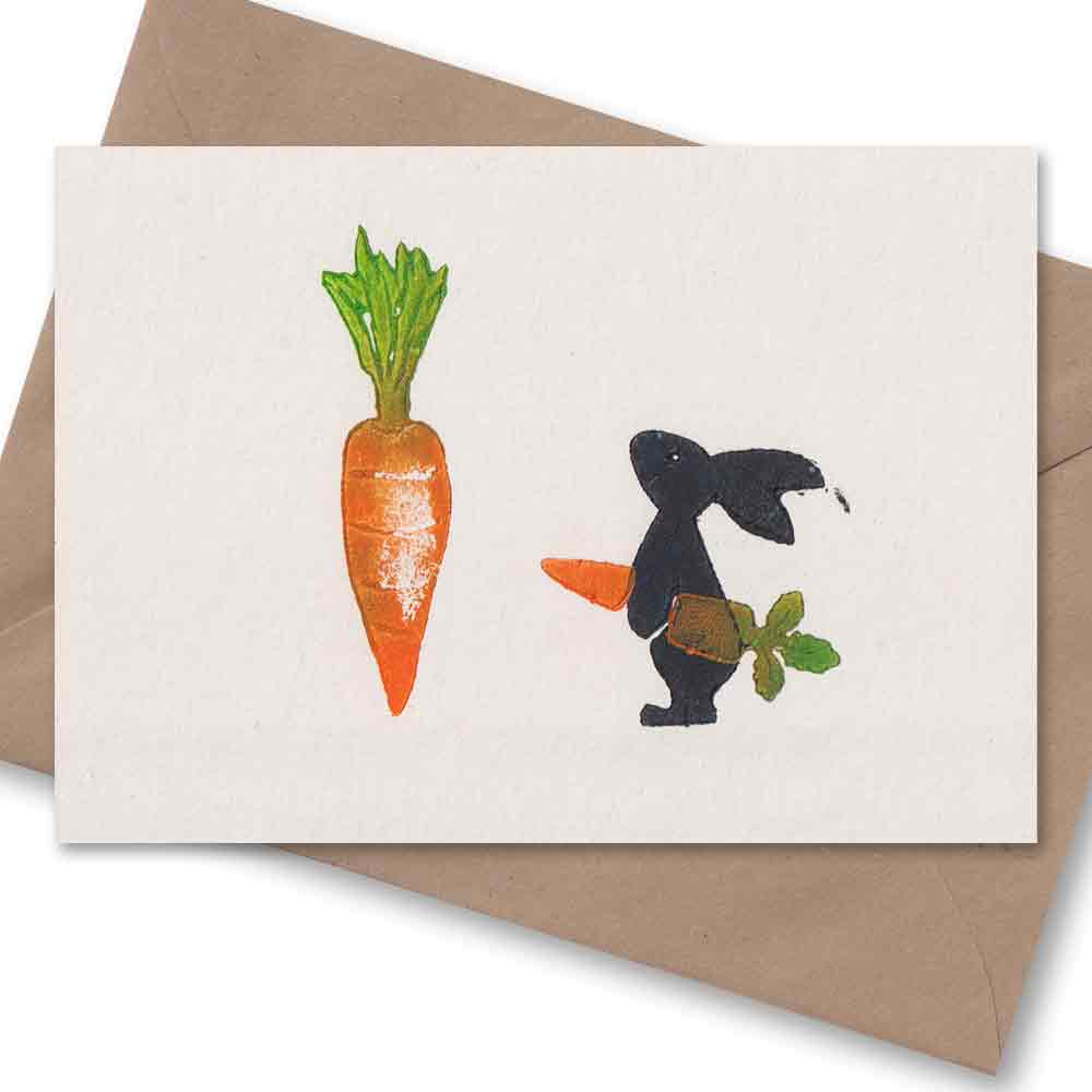 Handgedruckte Postkarte I Hase mit Möhren