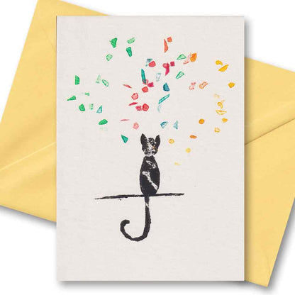 Handgedruckte Postkarte I Katze mit Konfetti