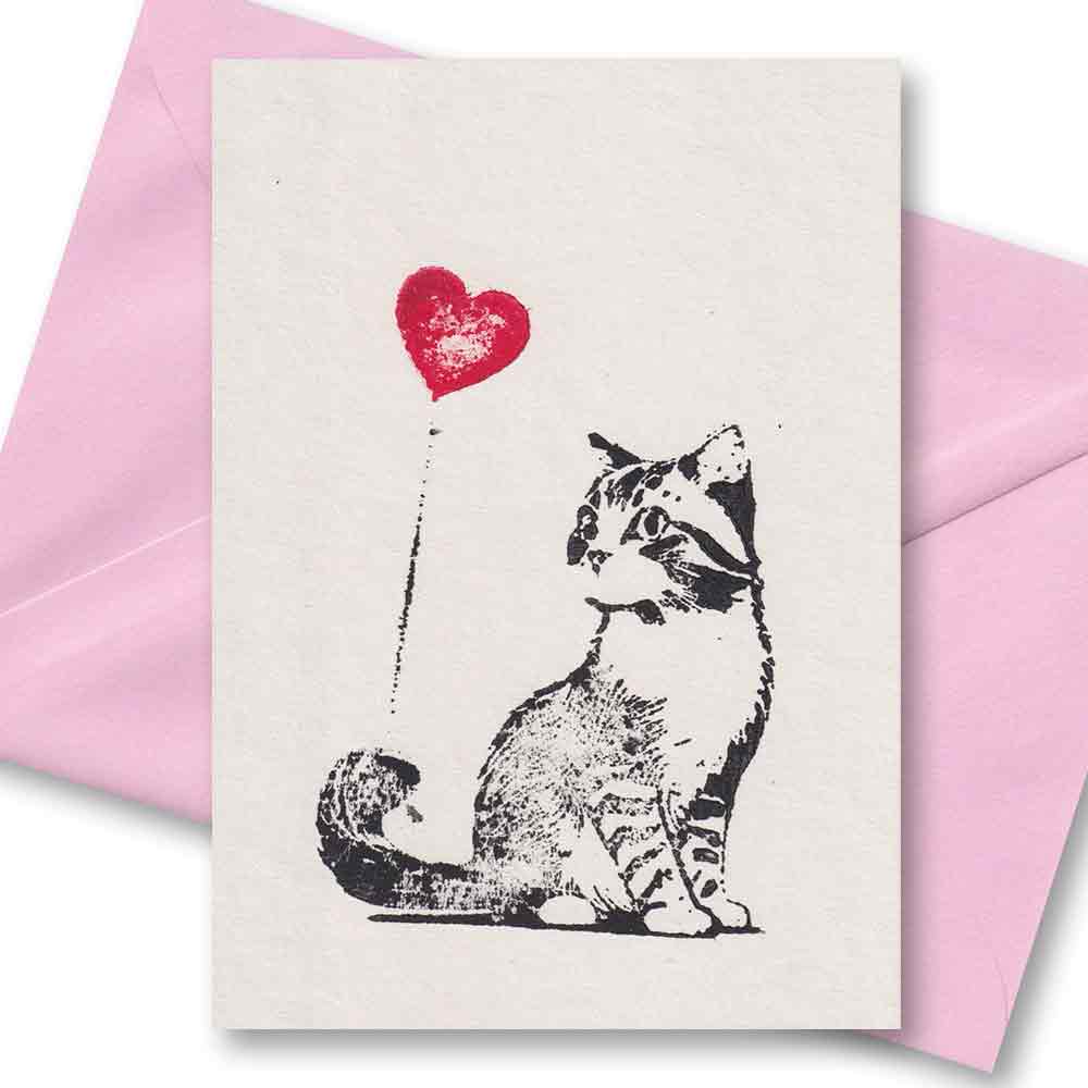 Handgedruckte Postkarte I Katze Luftballon
