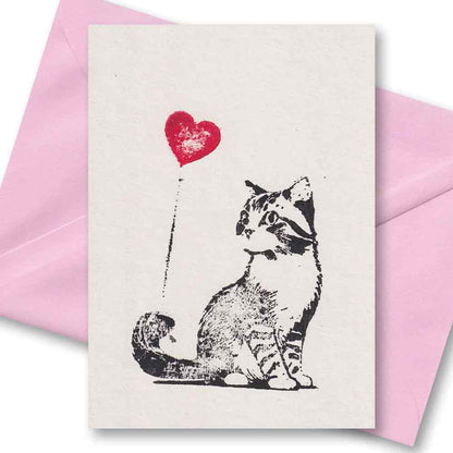 Handgedruckte Postkarte I Katze Luftballon