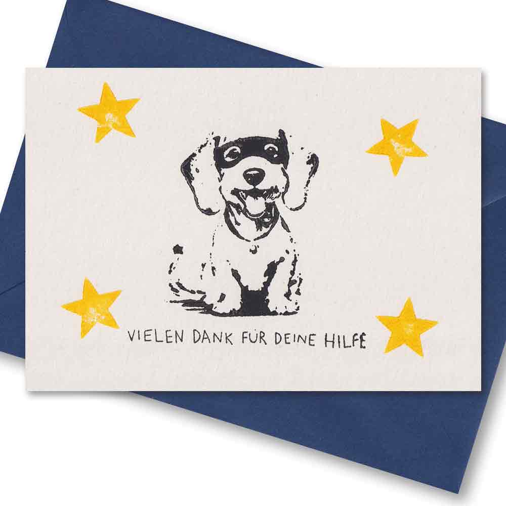 Handgedruckte Postkarte I Dackel Superheld Danke