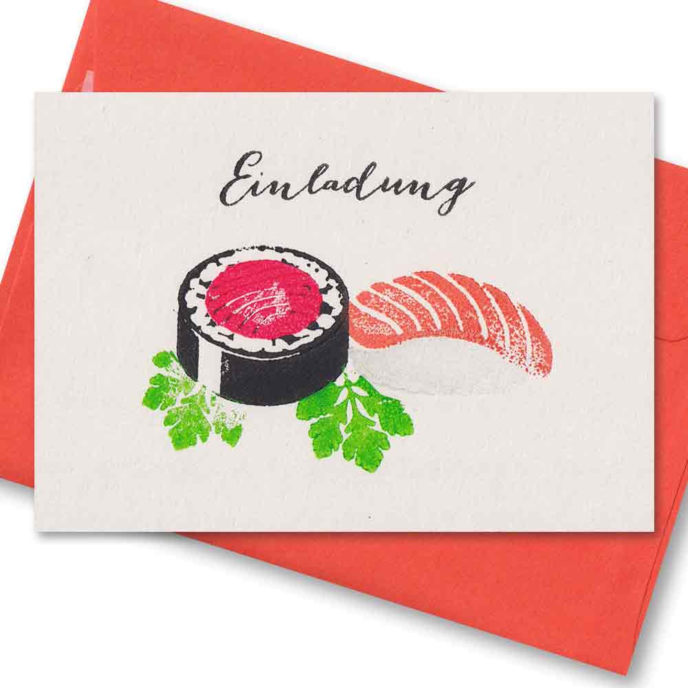 Handgedruckte Postkarte I Sushi Einladung
