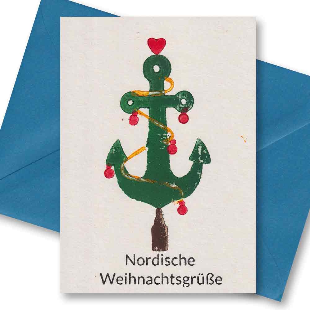 Handgedruckte Postkarte I Anker-Weihnachtsbaum aus Hamburg