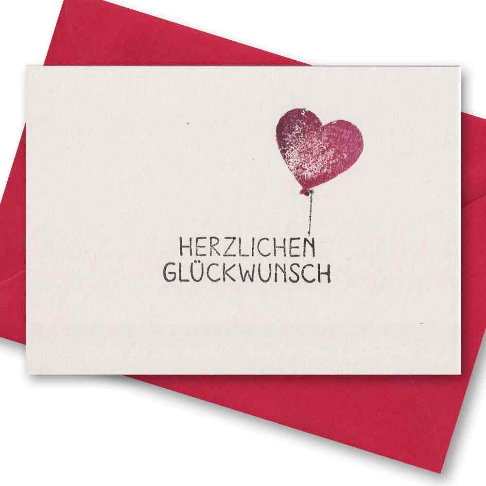 Handgedruckte Postkarte I Herzluftballon herzlichen Glückwunsch