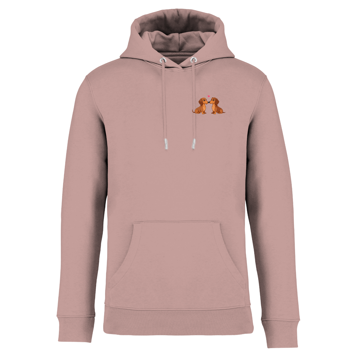 Rosa Hoodie mit niedlichen Dackel-Motiven und Herz, nachhaltig – einzigartigbunt