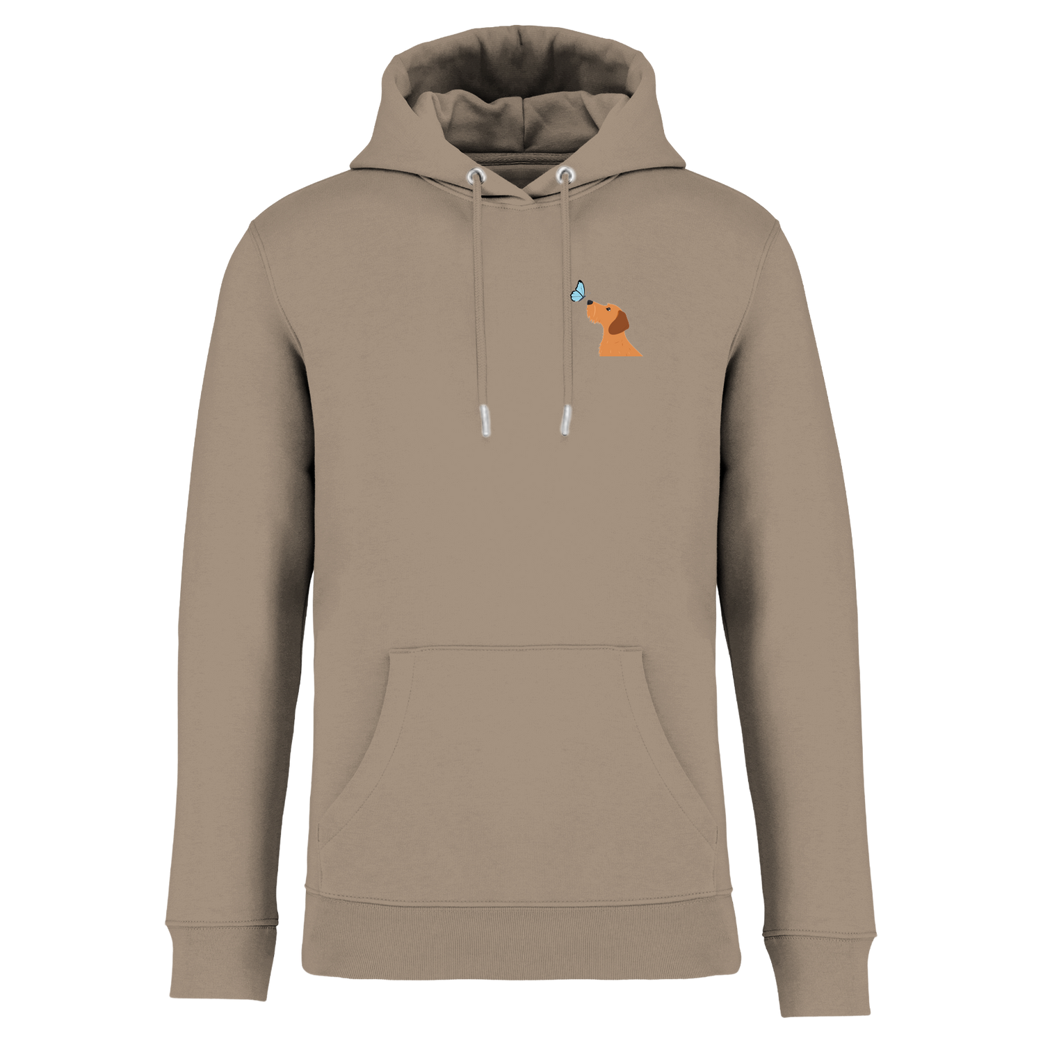 Beige Hoodie mit Dackel-Motiv und Schmetterling, nachhaltig – einzigartigbunt