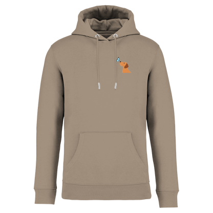 Beige Hoodie mit Dackel-Motiv und Schmetterling, nachhaltig – einzigartigbunt