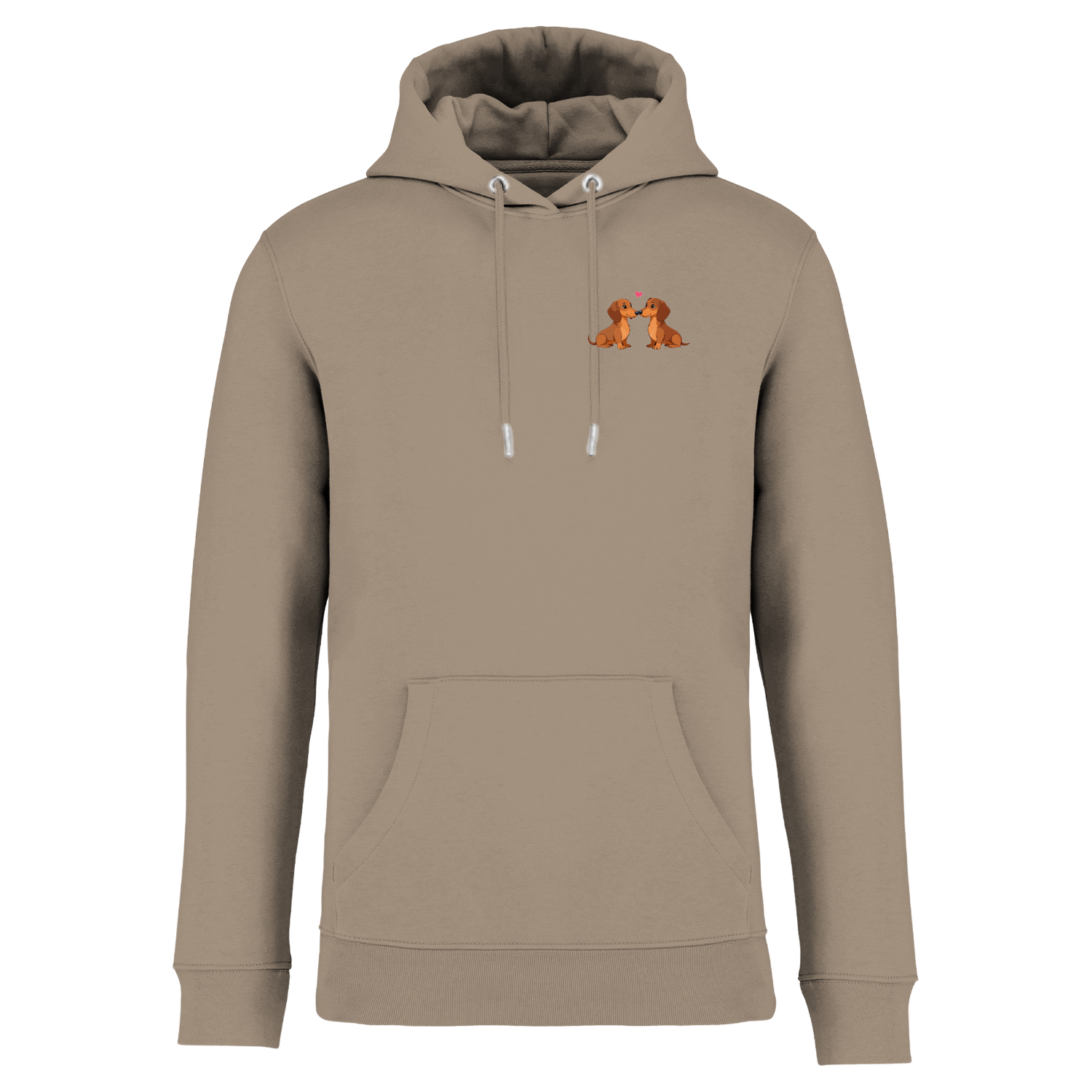 Beige Hoodie mit niedlichen Dackel-Motiven und Herz, nachhaltig – einzigartigbunt