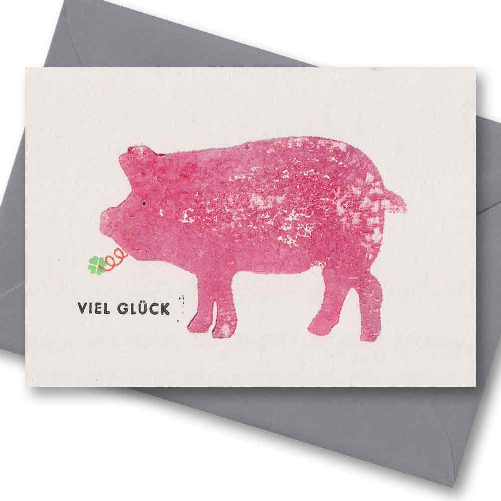Handgedruckte Postkarte I Schwein - Viel Glück