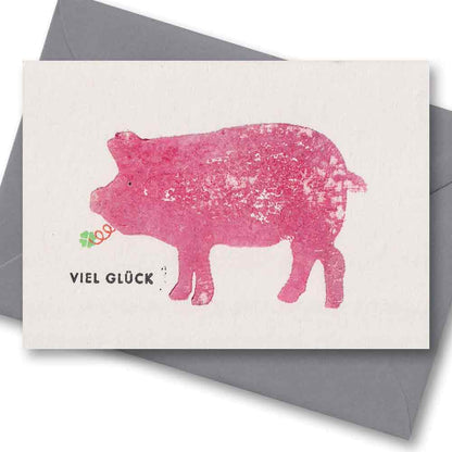 Handgedruckte Postkarte I Schwein - Viel Glück