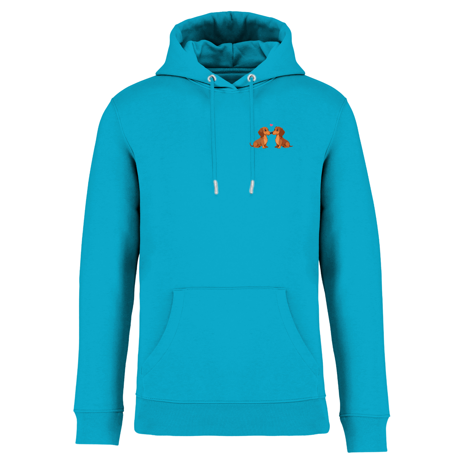 Türkisfarbener Hoodie mit Dackel-Motiv und Herz, nachhaltig – einzigartigbunt