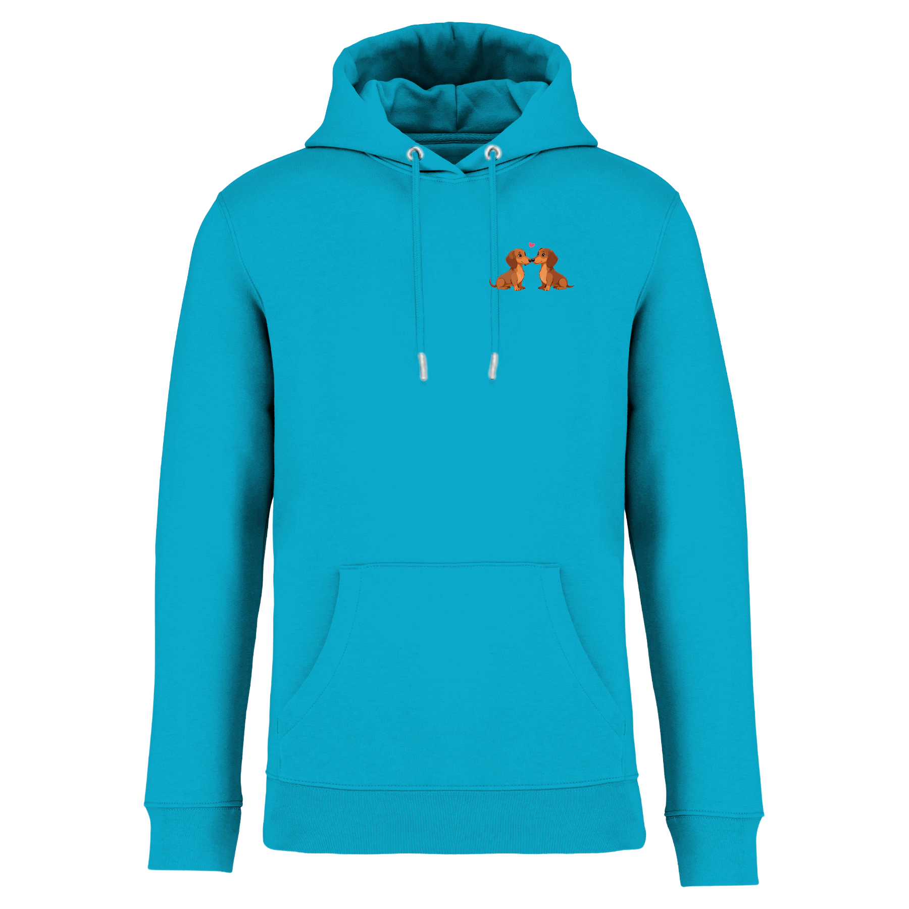Türkisfarbener Hoodie mit Dackel-Motiv und Herz, nachhaltig – einzigartigbunt