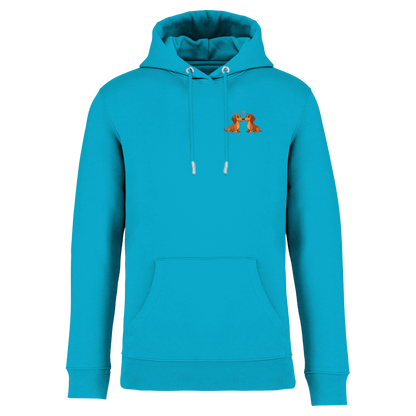 Türkisfarbener Hoodie mit Dackel-Motiv und Herz, nachhaltig – einzigartigbunt