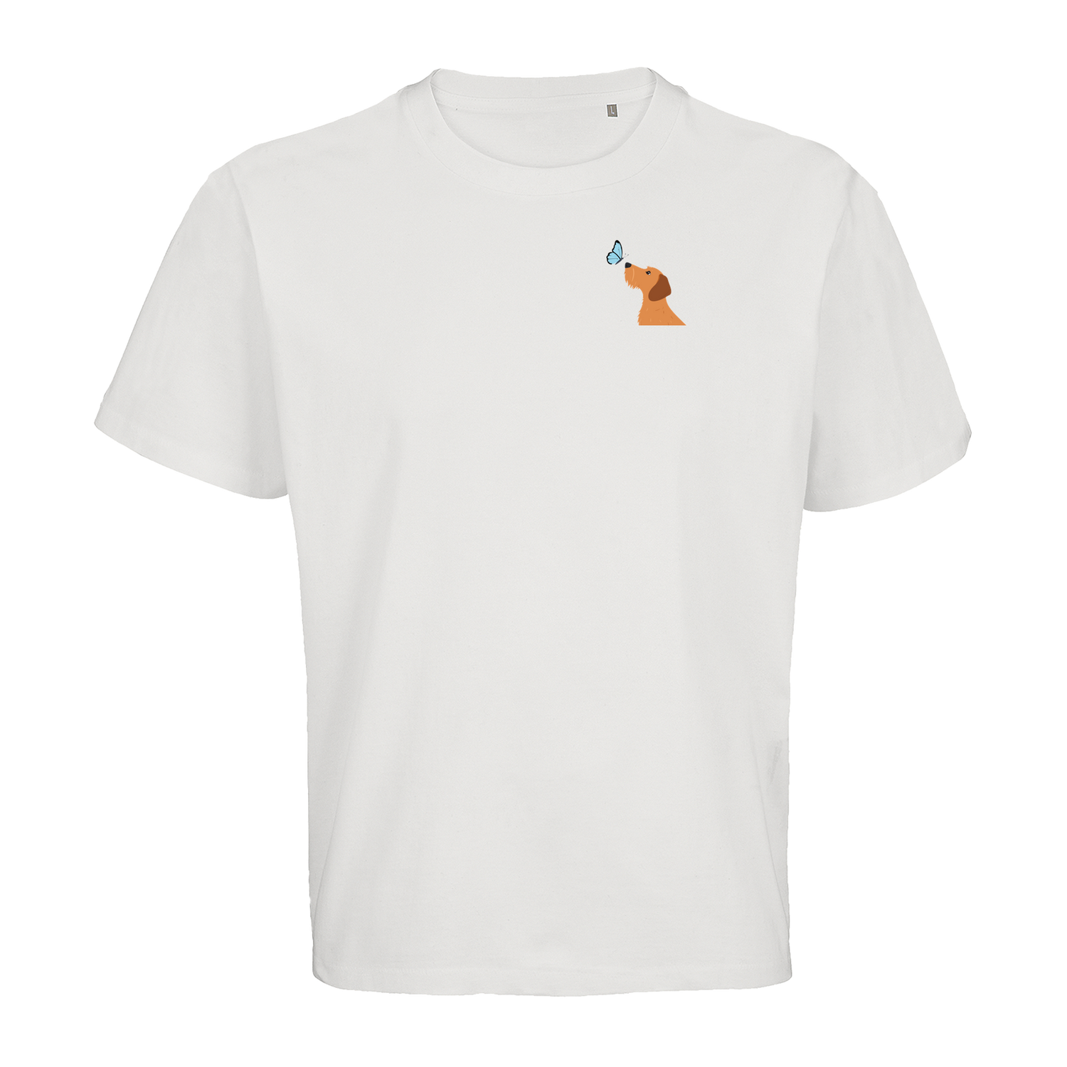 Dackel mit Schmetterling, nachhaltig &amp; fairer T-Shirt – einzigartigbunt