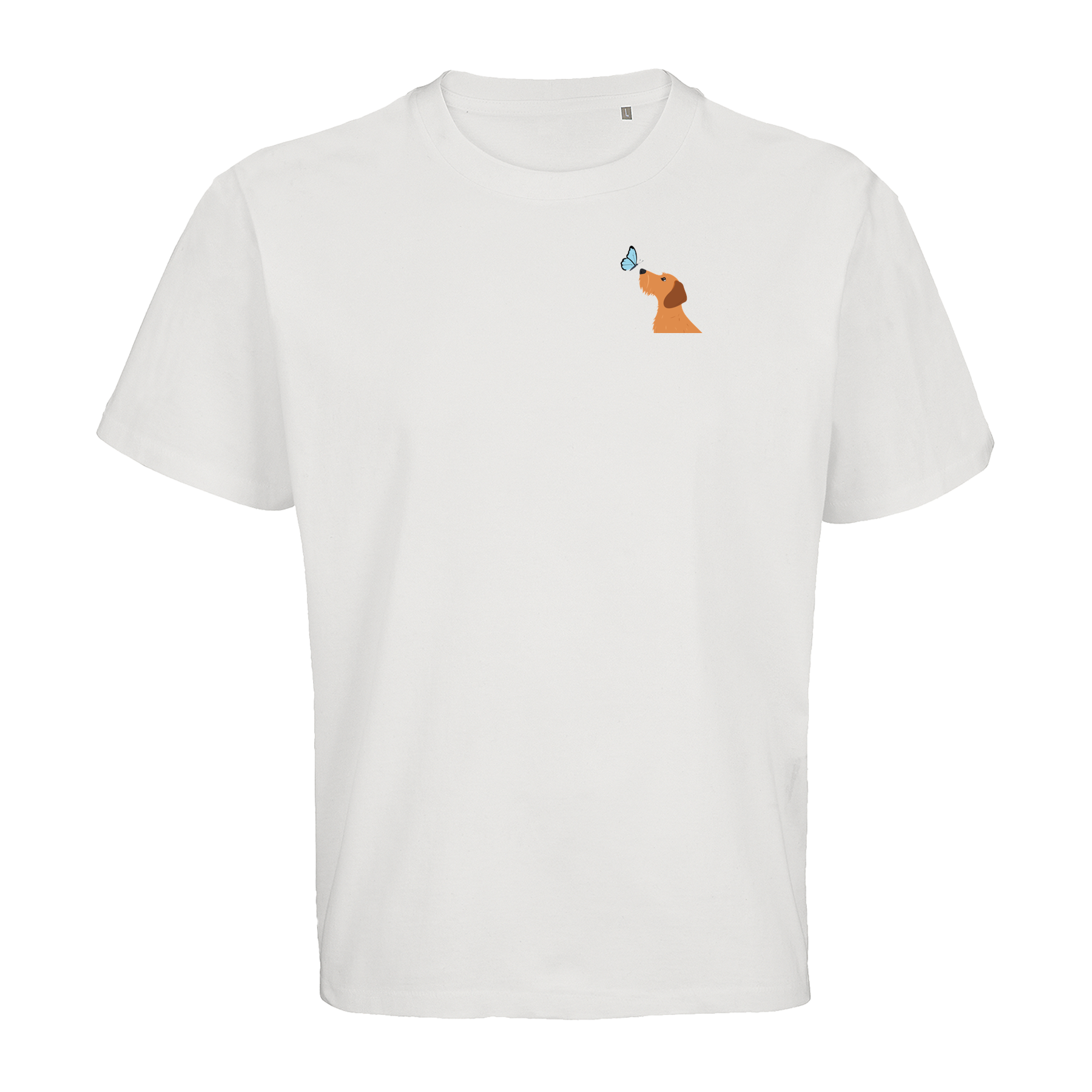 Dackel mit Schmetterling, nachhaltig &amp; fairer T-Shirt – einzigartigbunt