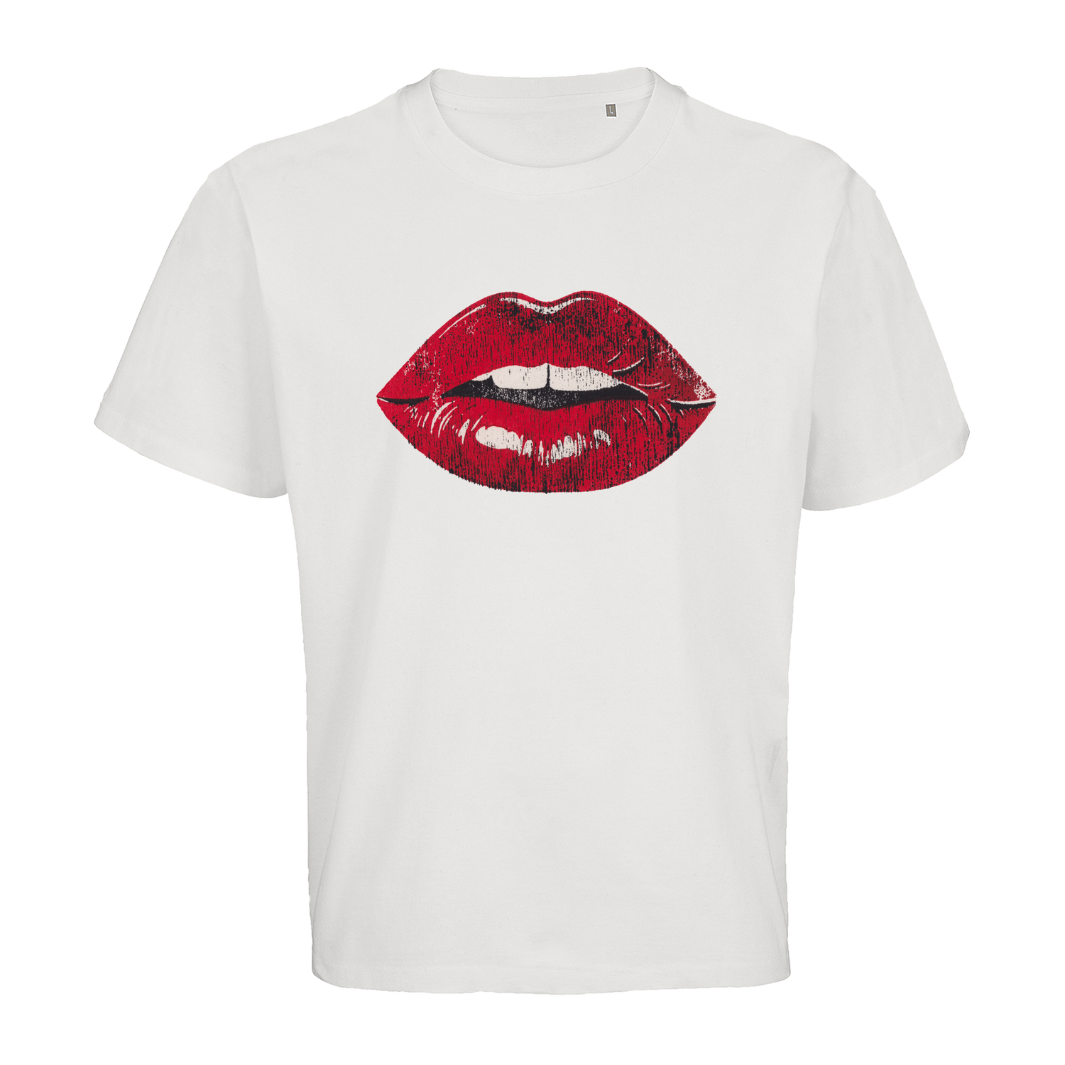 Weißes T-Shirt mit roten Lippen-Motiv, nachhaltig &amp; fair produziert – einzigartigbunt