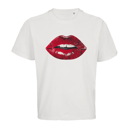 Weißes T-Shirt mit roten Lippen-Motiv, nachhaltig &amp; fair produziert – einzigartigbunt