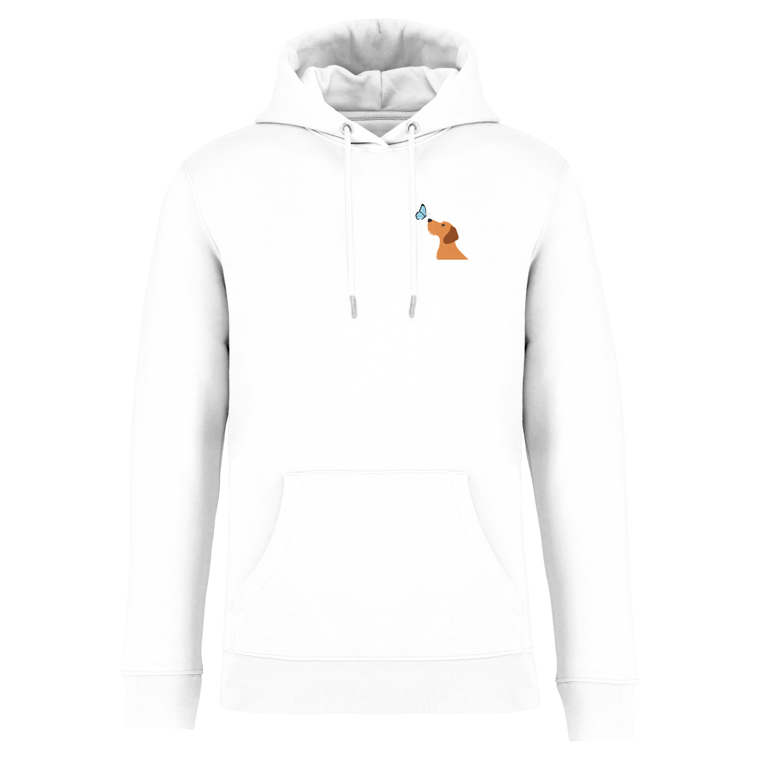 Weißer Hoodie mit Dackel-Motiv und Schmetterling, nachhaltig – einzigartigbunt